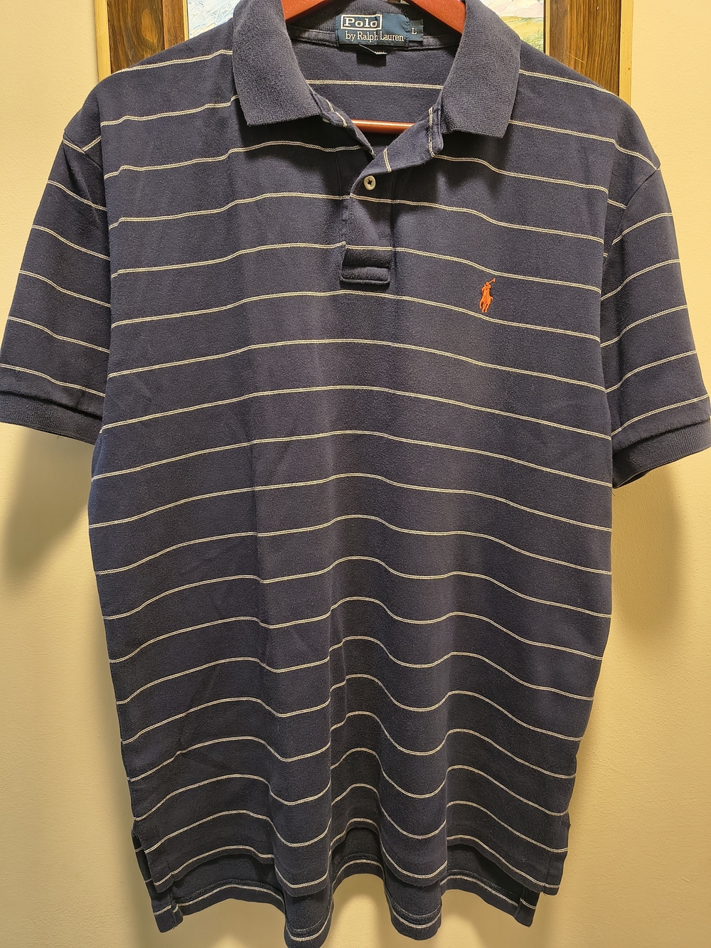 Polo by Ralph Lauren Navy and White Striped Short-Sleeve Polo with Orange Pony